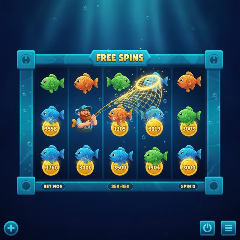 Fishin Frenzy free games feature with fisherman wild collecting fish prize values on screen