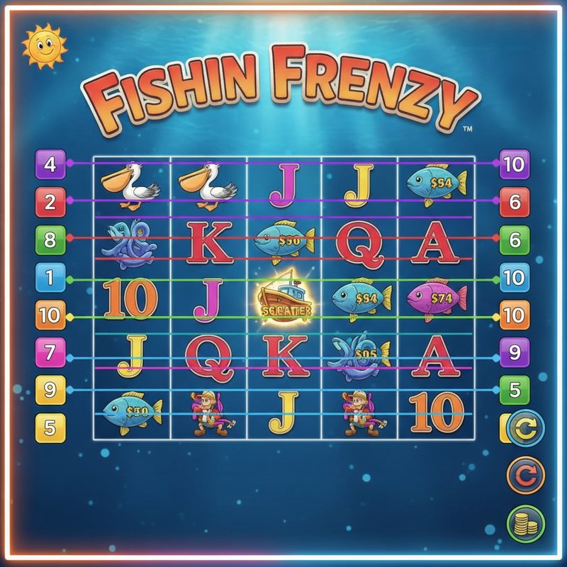 Fishin Frenzy gameplay showing active paylines across the five by three reel grid